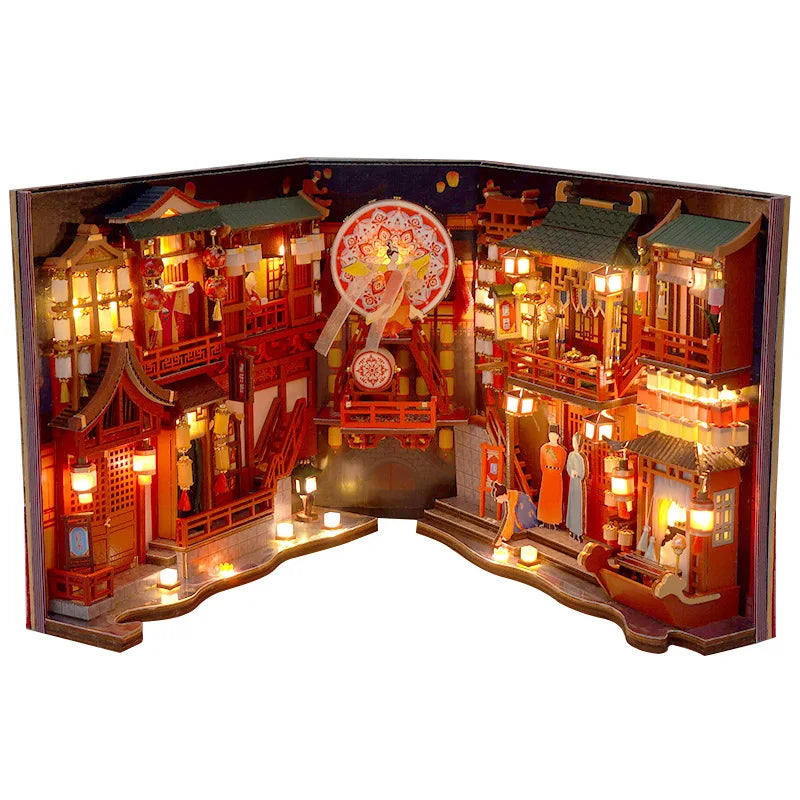 DIY Book Nook Shelf Insert Kits Miniature Dollhouse with Furniture Room Box Cherry Blossoms Bookends Japanese Store Toys Gifts