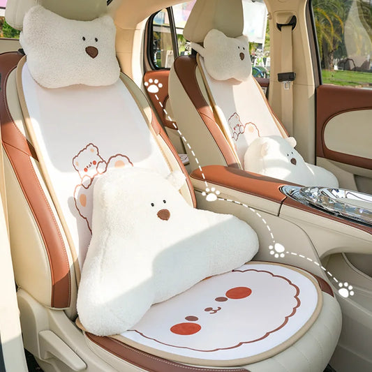 Comfortable Soft Pink Plush Car Headrest Lumbar Support Cartoon Bowknot Car Waist Neck Pillow Car Interior Decoration For Winter