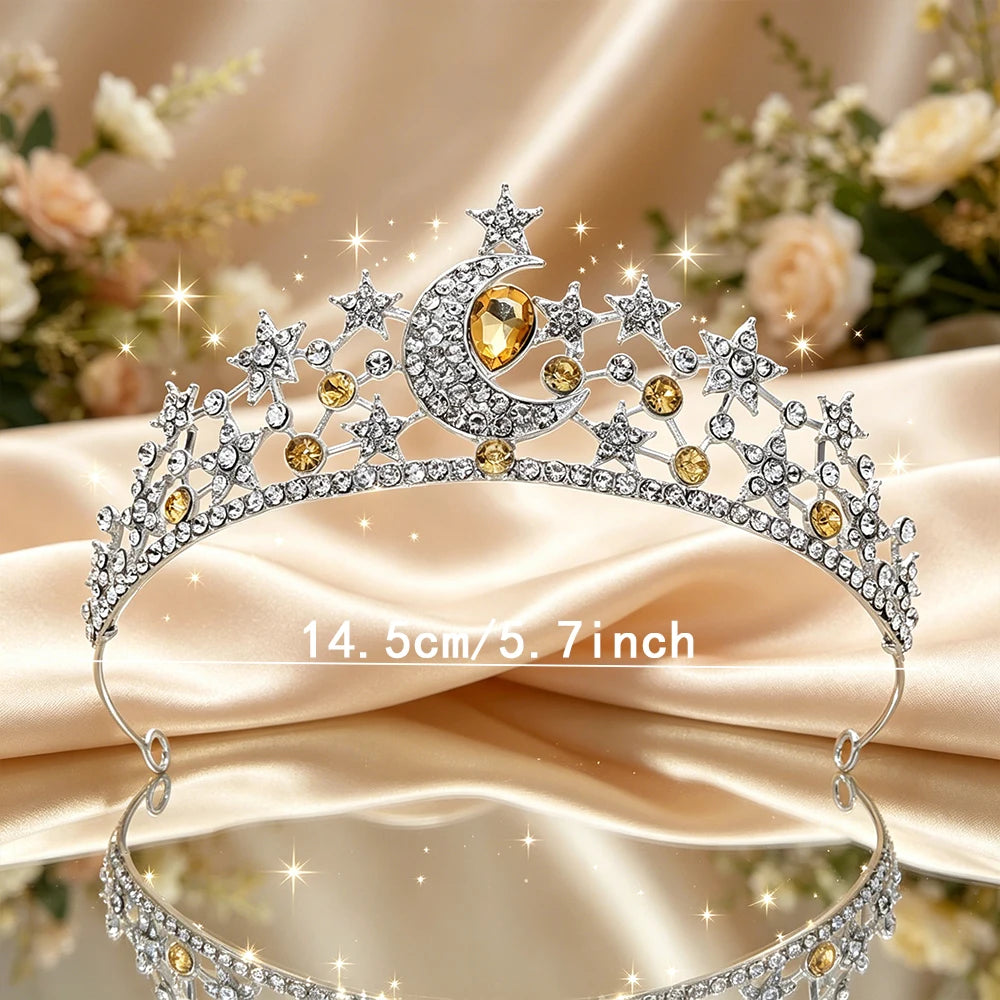 Moon Star Bridal Tiara Sparkling Rhinestone Celestial Queen Crown Dreamy Headpiece Wedding Pageant Fairy Themed Party Occasions