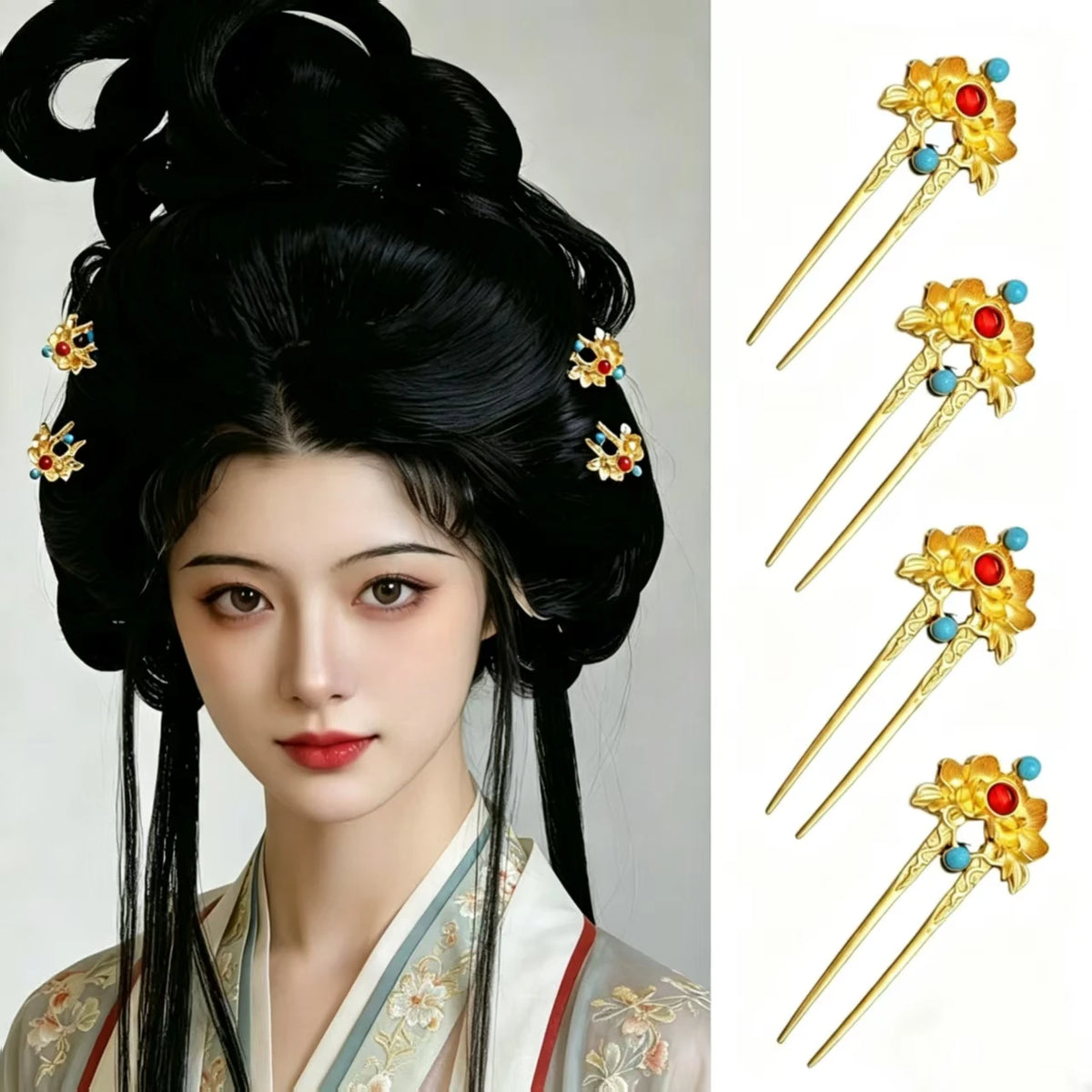  Ancient Chinese Style Golden Peony Hair Fork Inlaid Gemstone Retro Wedding Hair Pin Elegant Hanfu Cosplay Hair Ornament for Wom