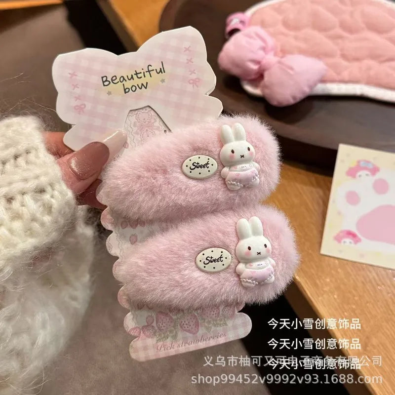 Cute Pink Plush Miffy Hair Clip - Japanese Cartoon Hairpin for Girls, Autumn/Winter Bangs Accessory