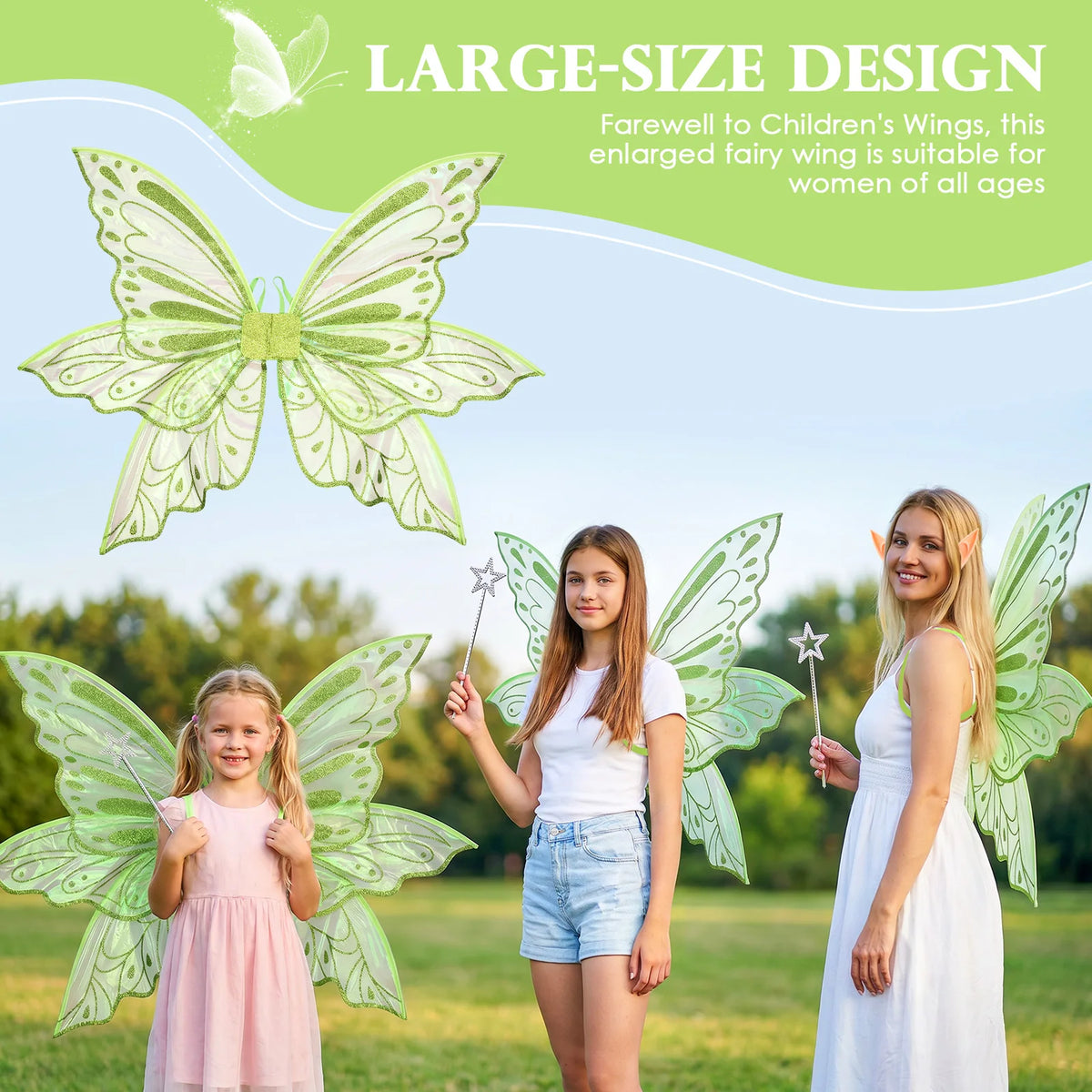 Elf Wing Dress Up Fairy Costume Set with Floral Garland Fairy Hair Tinsel Wand and Elf Ear Princess Halloween Costume Photo Prop