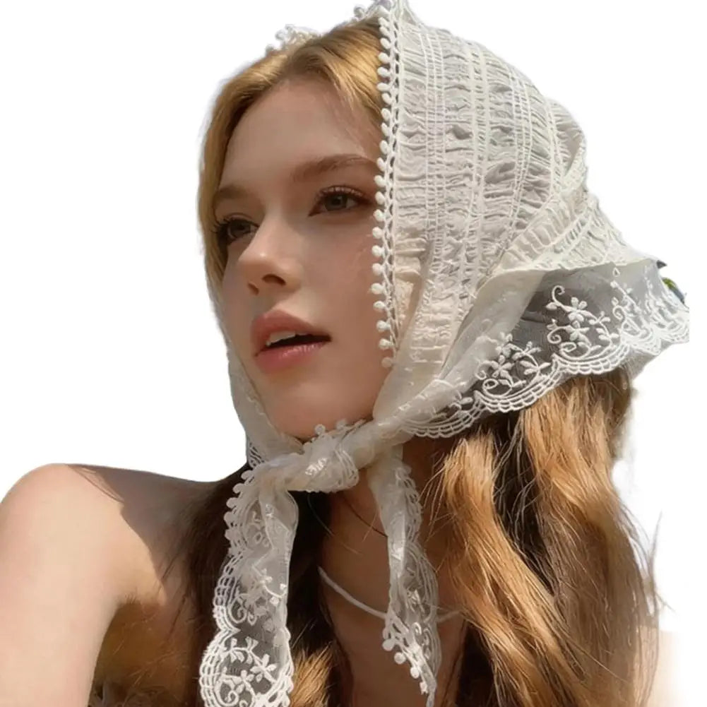 Sweet French Style Lace Triangle Scarf Bohemia Summer Hollow Floral Headband Ribbon Weave Print Beach Vacation Hair Accessories