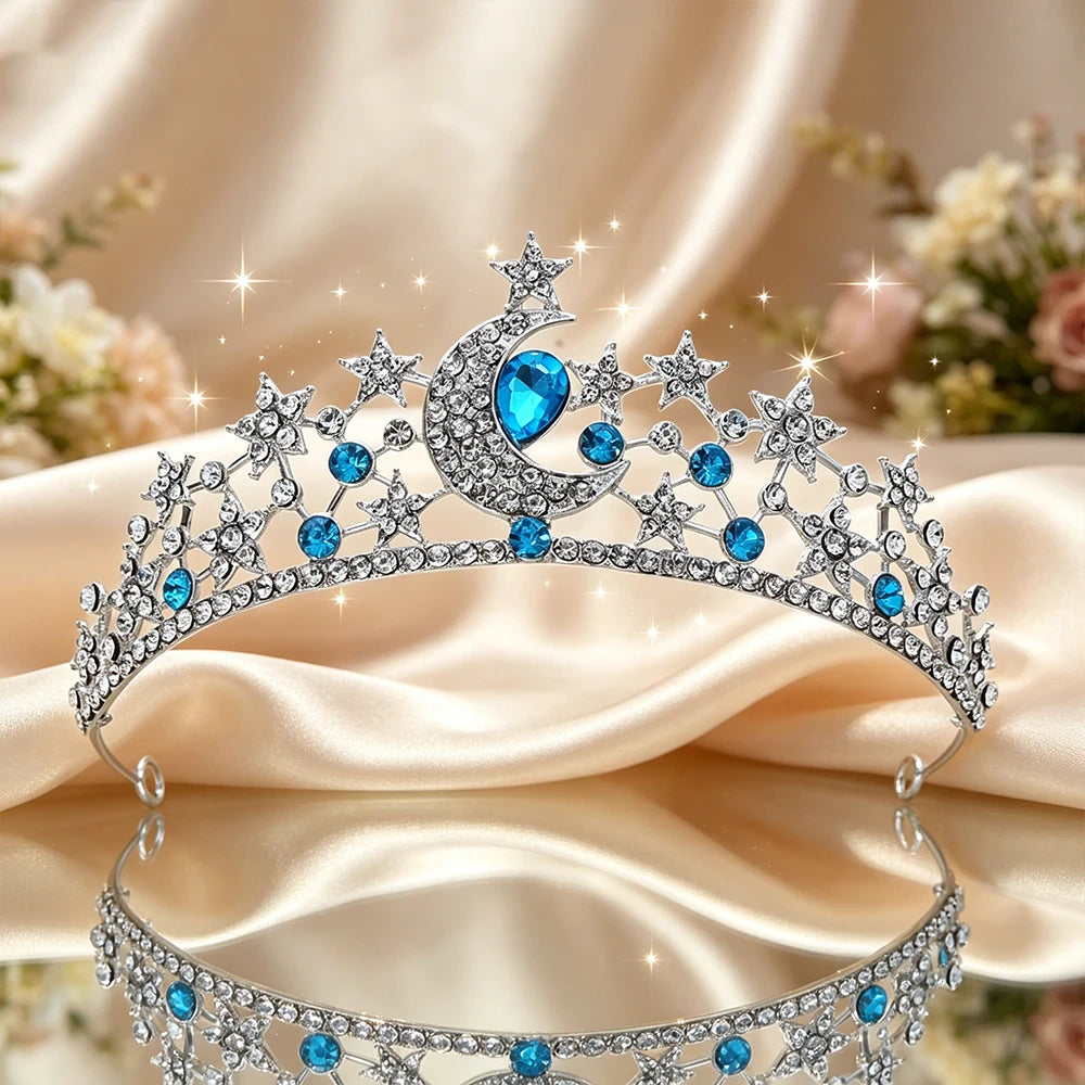 Moon Star Bridal Tiara Sparkling Rhinestone Celestial Queen Crown Dreamy Headpiece Wedding Pageant Fairy Themed Party Occasions