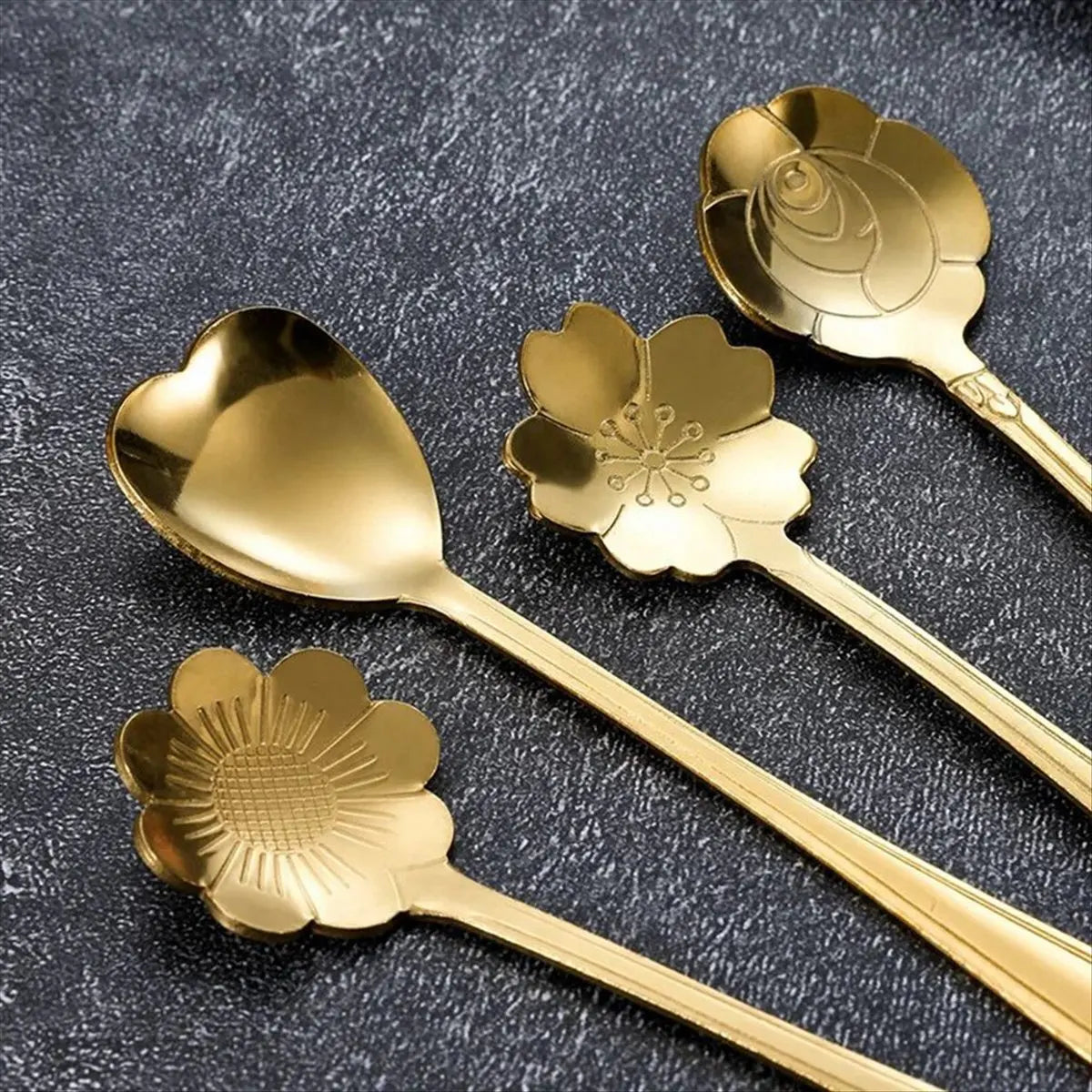 Stainless Steel Cherry Flower Gold Scoop Coffee Spoon Gift Kitchen Dessert Tea Accessories Tableware Decoration Set 13Cm &LICG