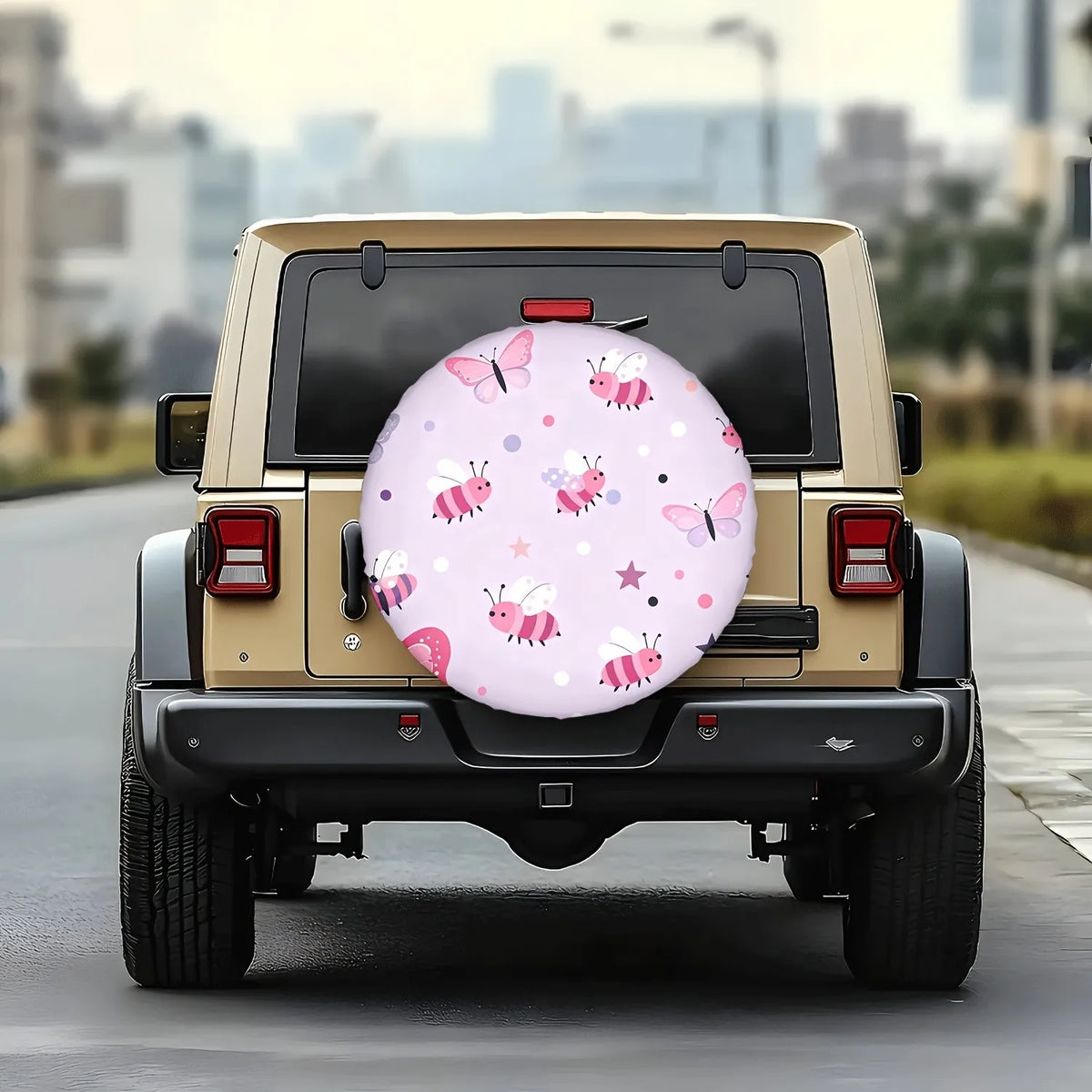 Pink Cute Bee Butterfly Spare Tire Cover Universal Fit Waterproof SUV Truck Wheel Protector