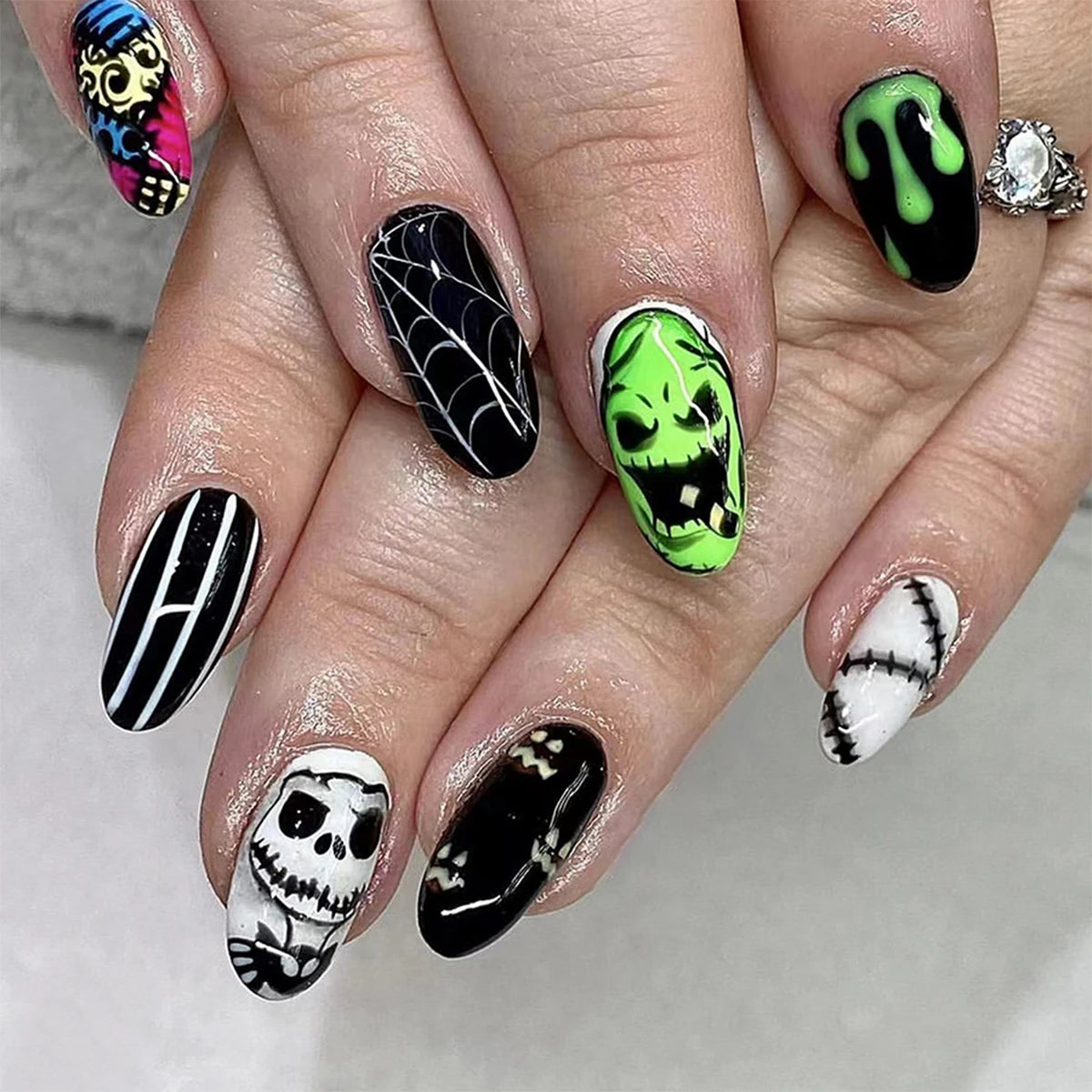 24pcs Long Square Press On Nails, Nude Black Pink French Tips with Ghost Bat Spider Web Blood Drip Print, Sweet Gothic Halloween