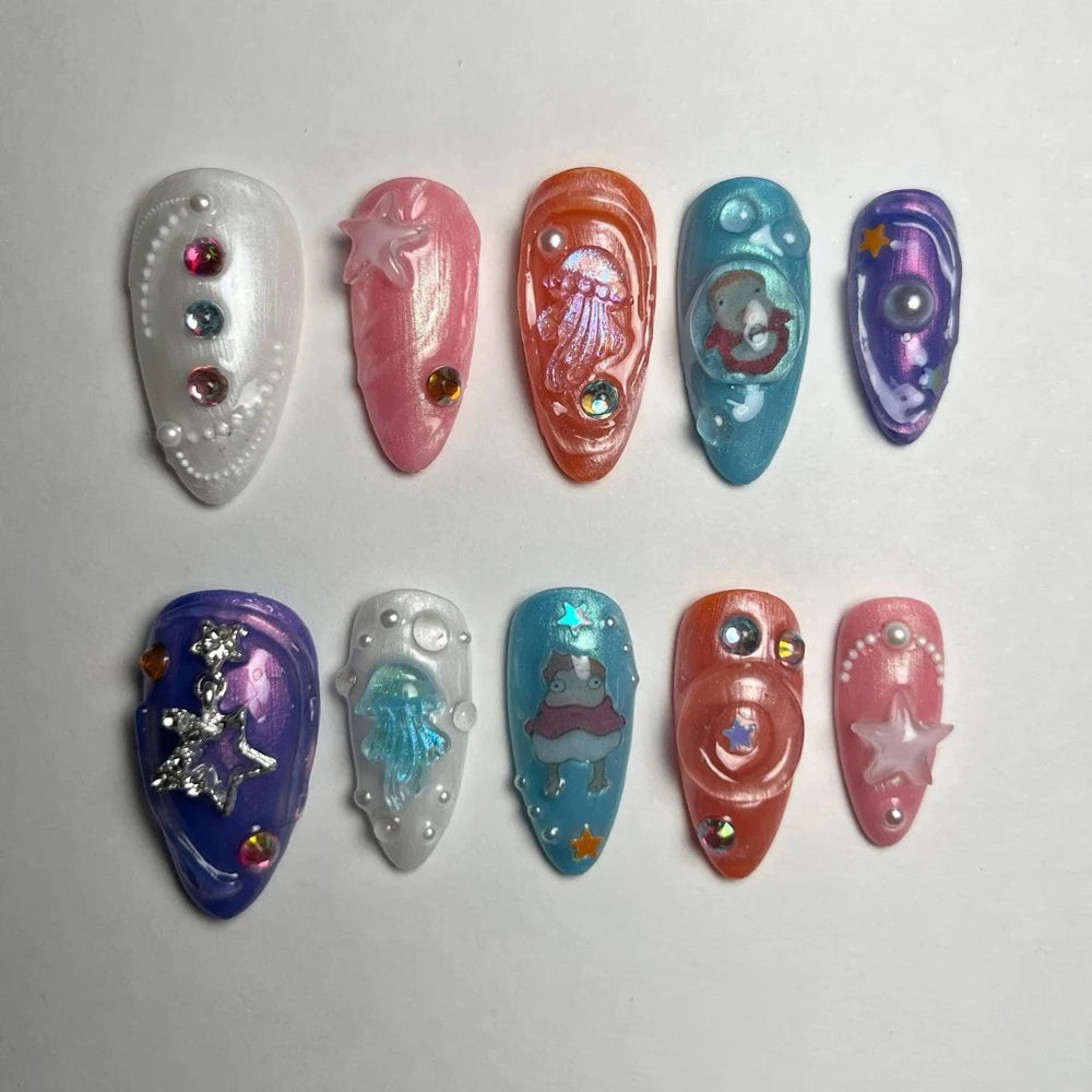 10Pcs 3D Flower Bow Gel Acrylic Nails Almond
