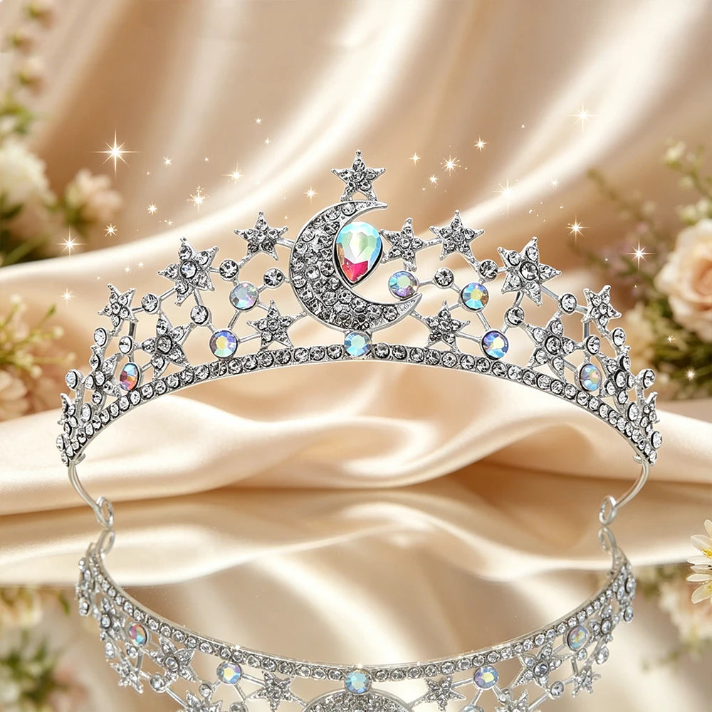 Moon Star Bridal Tiara Sparkling Rhinestone Celestial Queen Crown Dreamy Headpiece Wedding Pageant Fairy Themed Party Occasions
