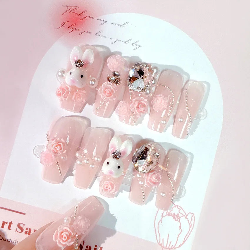 24pcs Kawaii Cartoon Rabbit Press On Nails Bowknots Diamond Decor Mid-length Coffin False Nail White French Blush Pink Fake Nail