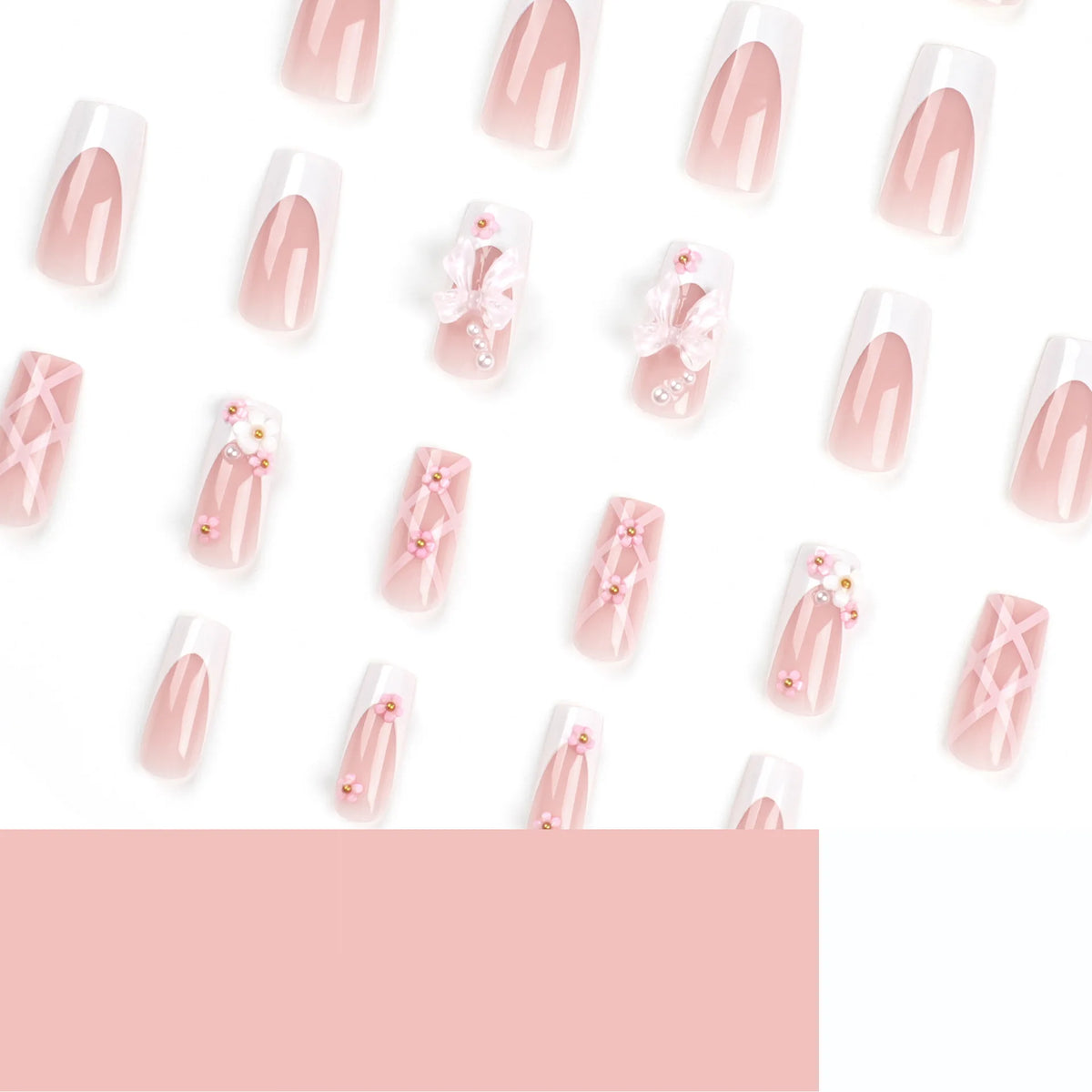 24Pcs 3D Bow Design Pink Long Square with Flower Rhinestone Acrylic Nails