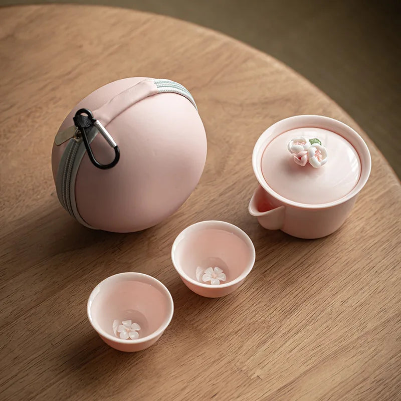 Handmade Pink Flower Carving, Travel Camping, Fast Guest Cup, Kung Fu Tea Set, Ceramic Teapot, Gaiwan Tea Ceremony, Ladies' Gift