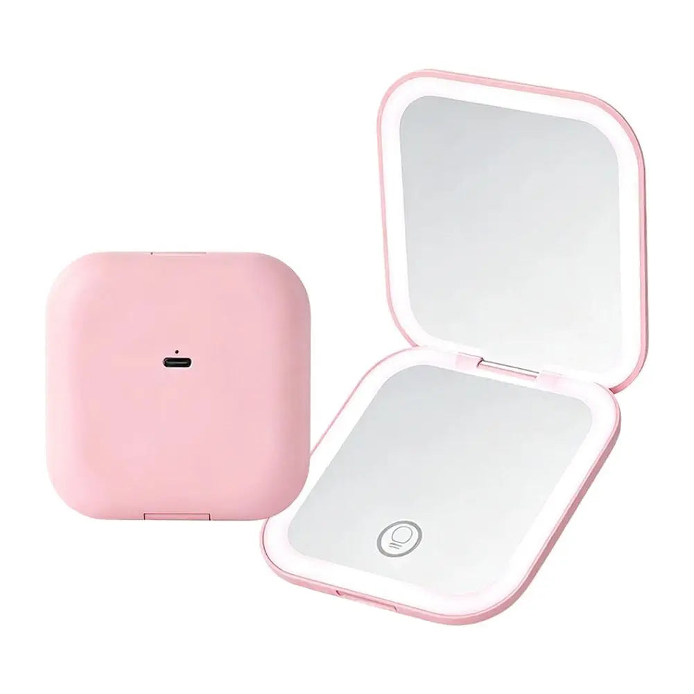 Portable Folding LED Makeup Mirror Rechargeable Handheld Mirror With 2X Magnification Pink Dual-Sided LED Lighted Makeup Mirror