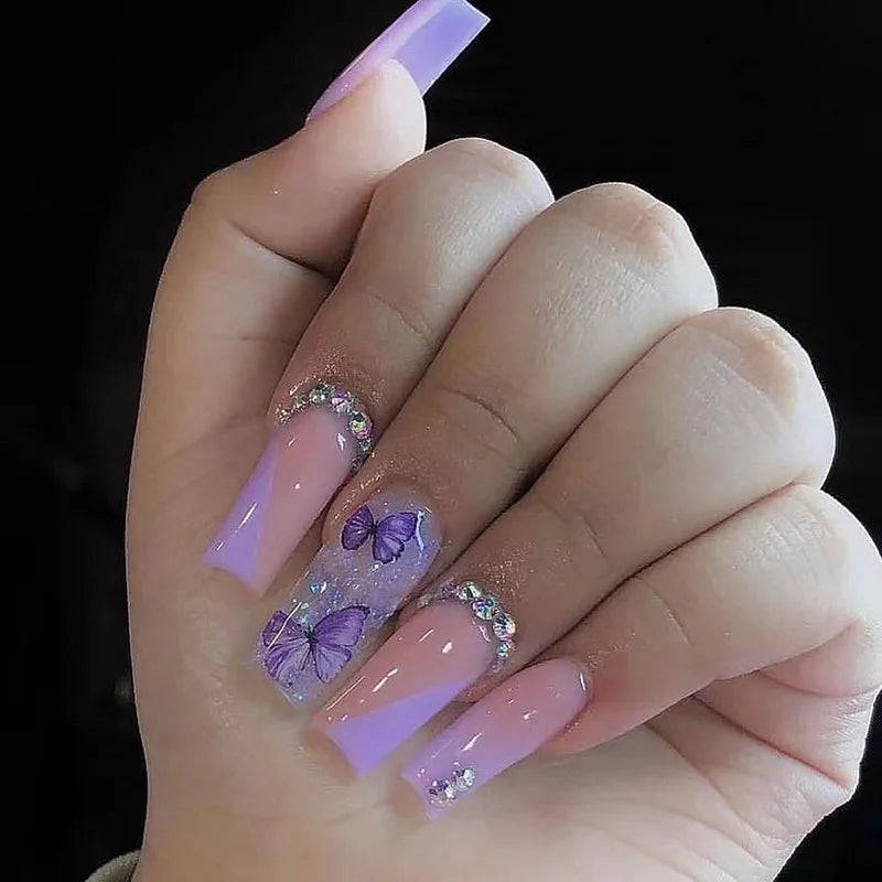 24pcs Long Ballet False Nails Pink Purple Flower Rhinestone Full Cover Nail Tips Wearable French Square Press on Fake Nails Sets