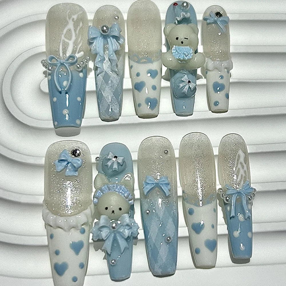 10 Pieces Kawaii 3D Bow Teddy Bear French Handmade Press On Nails Cute Blue Bunny Long Fake Nails Pearls Polka Dot Girl Nail Art