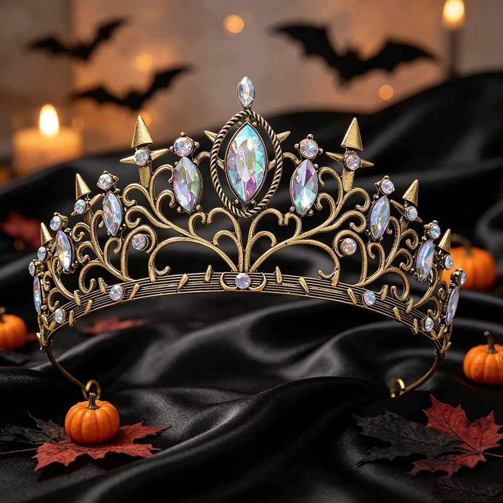 Novel Fashion Halloween Gothic Tiara Vintage Gold Crown Women Witch Queen Cosplay Party Headpiece Halloween Hair Accessories