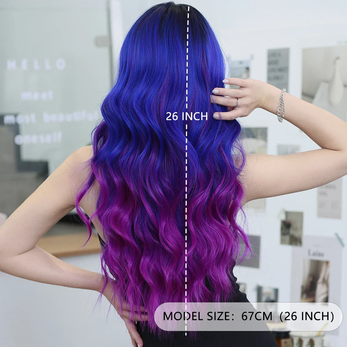Blue Purple Ombre Wig Body Wavy, Side Part ,with Bangs High Density,Transparent Synthetic Lace Front