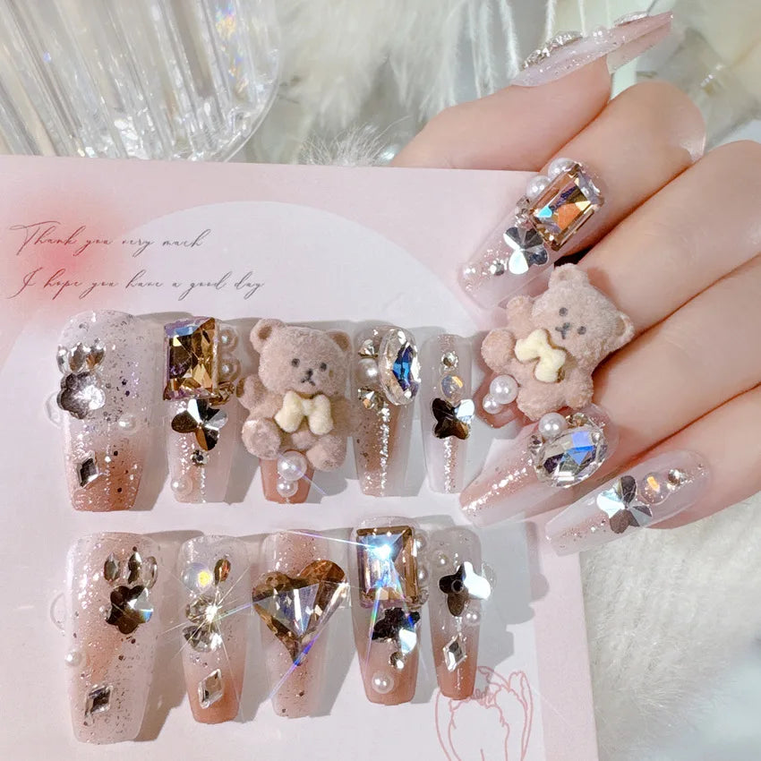 24pcs Kawaii Cartoon Rabbit Press On Nails Bowknots Diamond Decor Mid-length Coffin False Nail White French Blush Pink Fake Nail