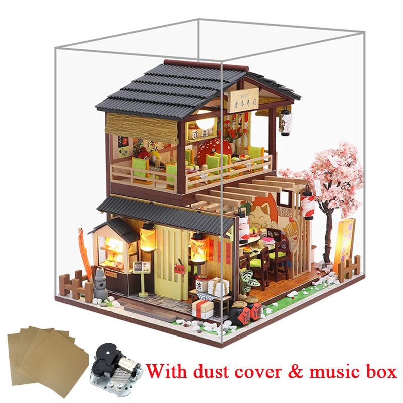 DIY Wooden Miniature Model Kit Japanese Sushi Store Casa Doll Houses 3D Puzzle Dollhouse With Furniture Lights for Friends Gifts