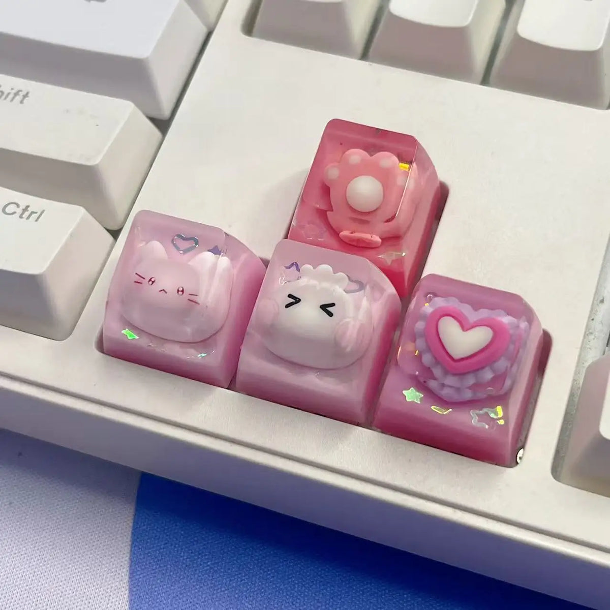 DIY Cute Pink Cat Head Keycap Transparent Resin Glitter