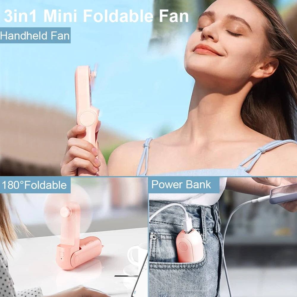 3 Speed Foldable Portable Mini Fan with Power Bank 2000mAh USB Rechargeable