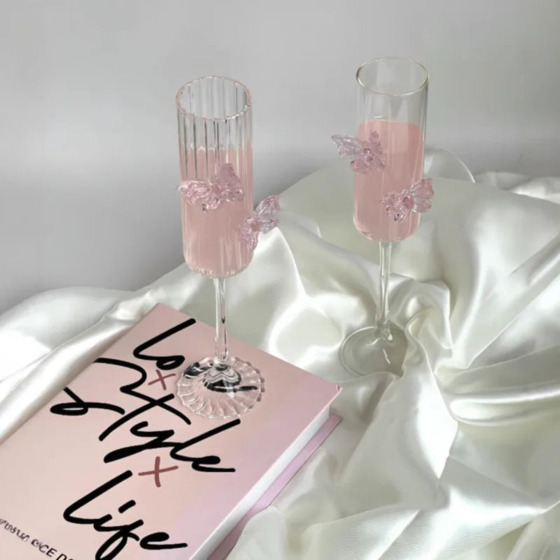 Pink Butterfly Champagne Flute High Borosilicate Glass Wine Goblet, Cute Cocktail Cup Wedding Party Home Table Decor, Ideal Gift
