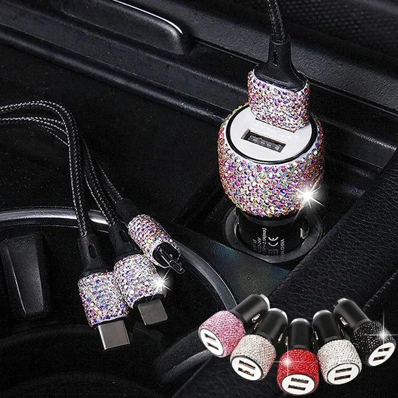 Rhinestone Car Charger 5V 2.1A Dual USB Port Fast Adapter Pink Car Decor Car Styling Diamond Car Accessories Interior for Woman