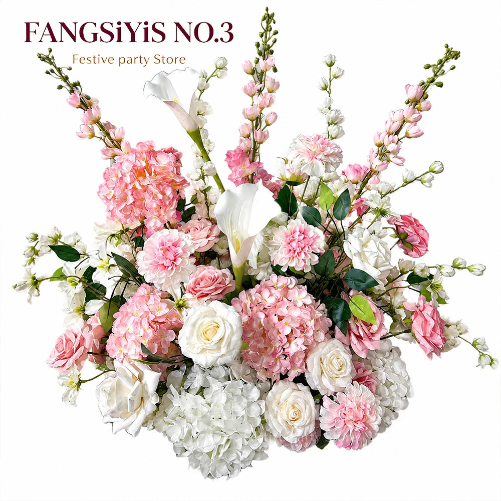 Luxury Pink White Artificial Flower Arrangement Calla Lily Hydrangea Rose Floral Centerpiece Wedding Table Party Backdrop Decor