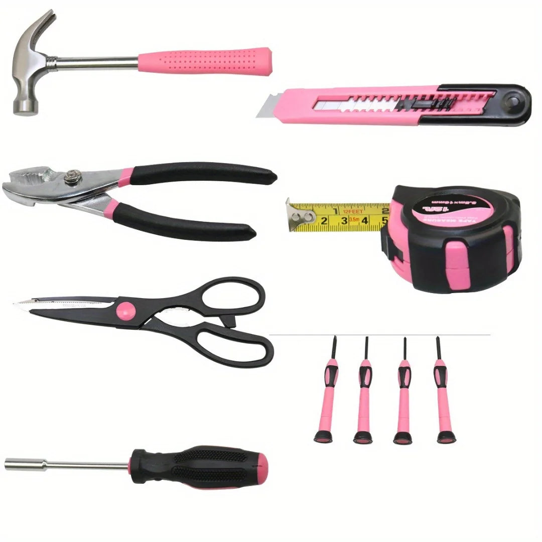 39Pcs/1 Set Pink Car Auto Tool Set with Tape Measure Claw Hammer Hex Key Scissors Household Repair Kit Box