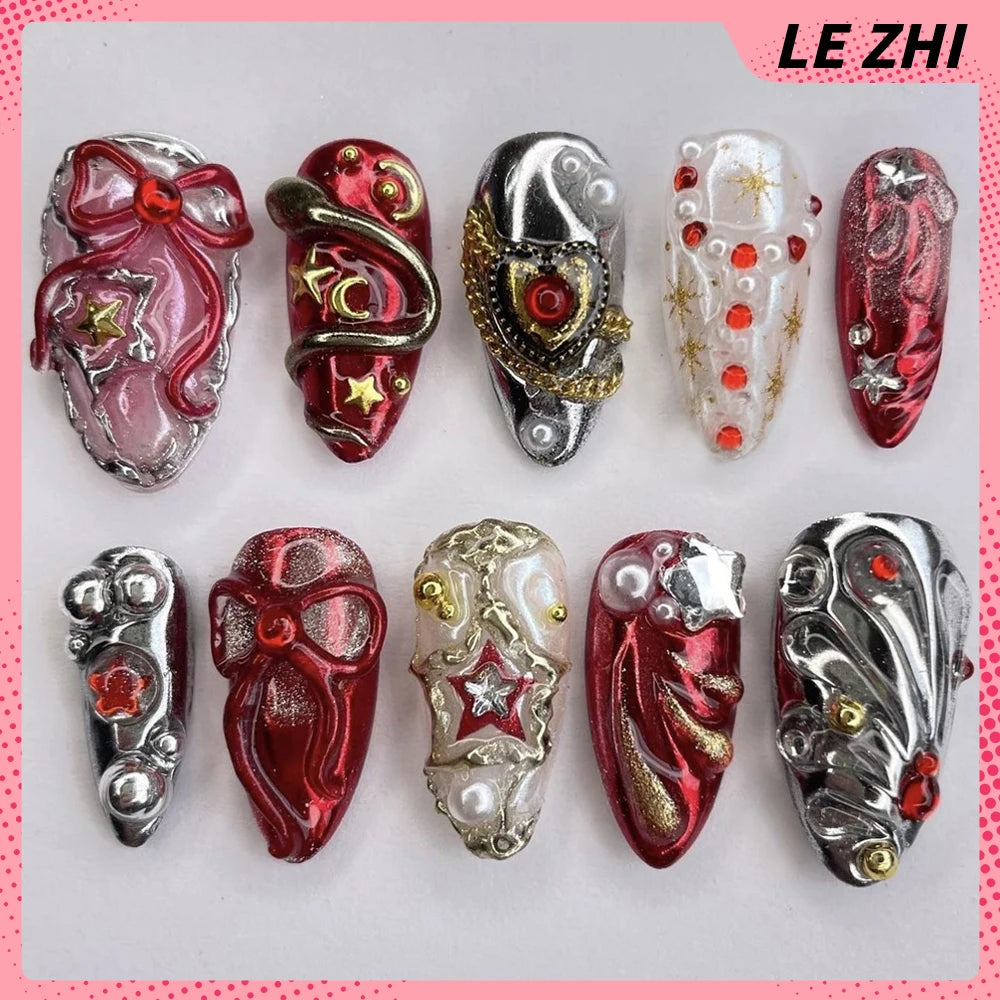 10Pcs 3D Flower Bow Gel Acrylic Nails Almond