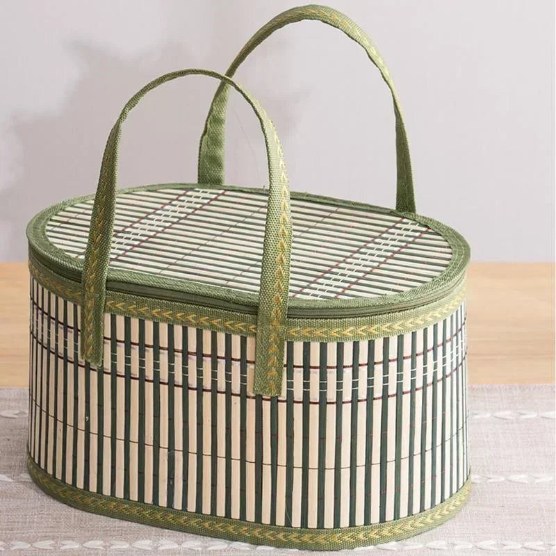 Handcrafted Bamboo Tote Eco-friendly Fordable Picnic Basket Handmade Gift Box for Festival/market Natural Durable Lunch Bag