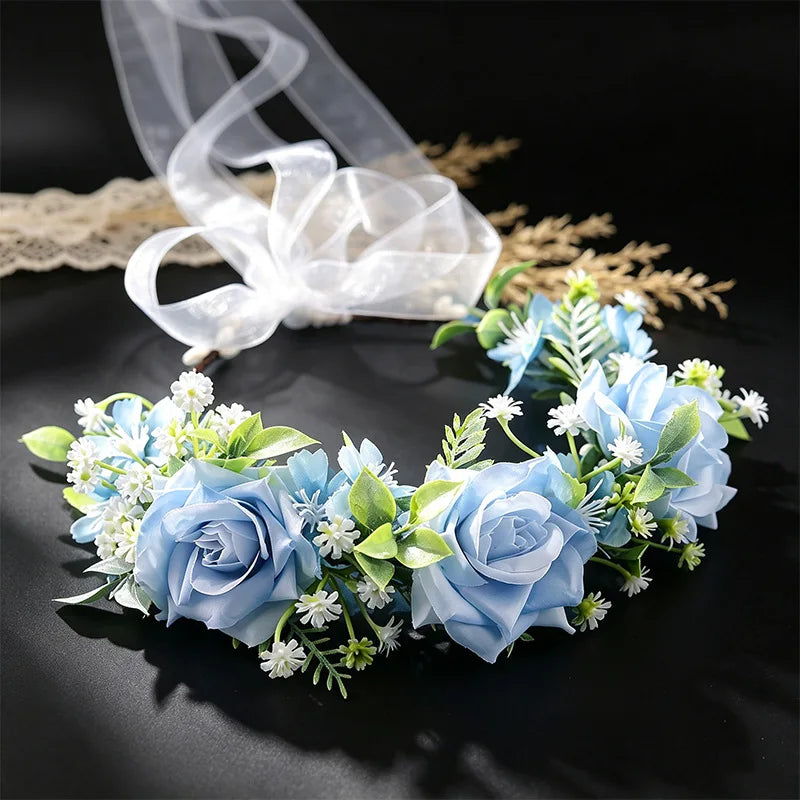 Haze Blue Flower Hair Hoop with Long Tulle Ribbon for Outdoor Wedding Engagement Women Girls Headwear