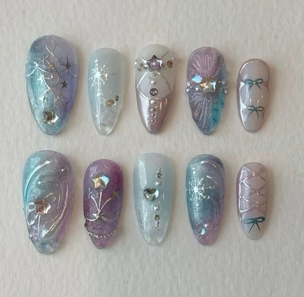 10Pcs 3D Flower Bow Gel Acrylic Nails Almond