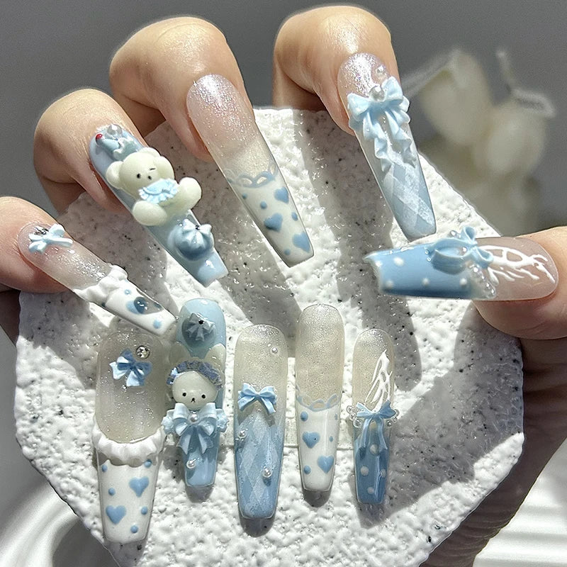 10 Pieces Kawaii 3D Bow Teddy Bear French Handmade Press On Nails Cute Blue Bunny Long Fake Nails Pearls Polka Dot Girl Nail Art