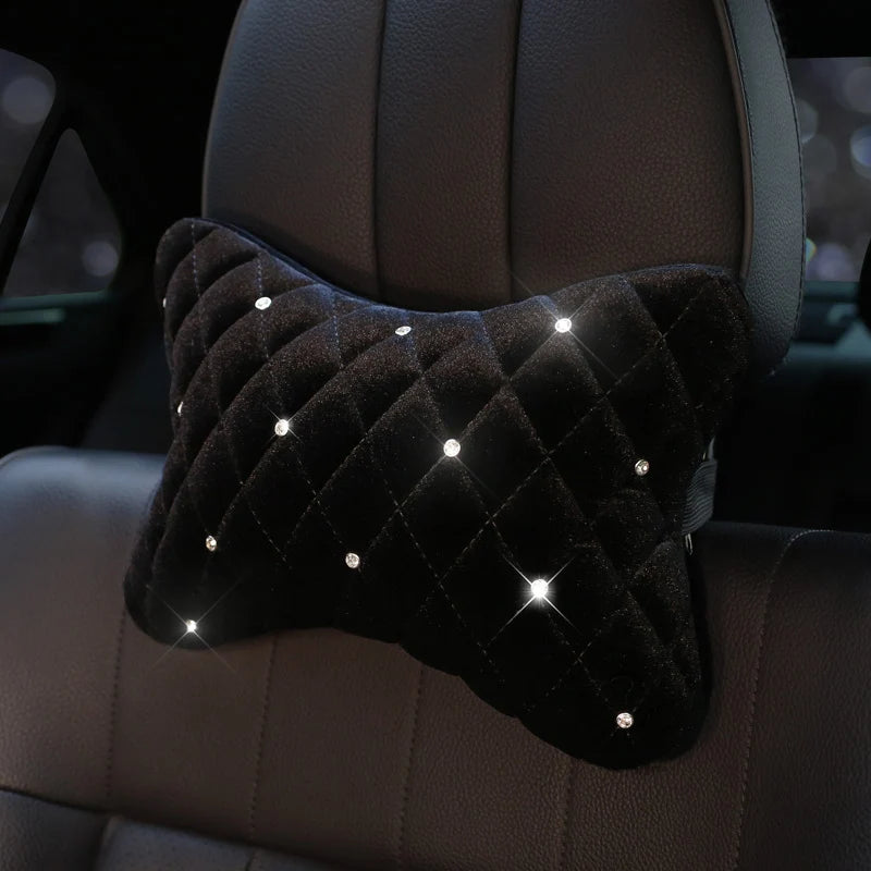 Bling Rhinestone Car Neck Pillow Winter Plush Crystal Auto Headrest Pillow Waist Supports Car Seat Pillow Cover Car Accessories