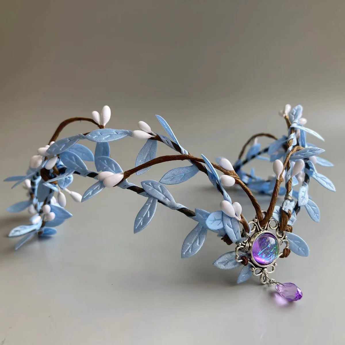 White Gem Woodland Fairy Crown ELF Tiara Boho Bridal Headband Blue Leaves Elven Headpiece Fairy Costume Circlet Renaissance