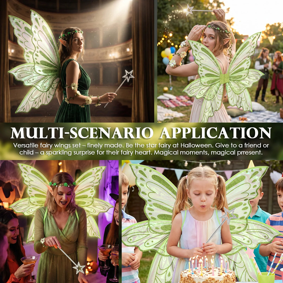 Elf Wing Dress Up Fairy Costume Set with Floral Garland Fairy Hair Tinsel Wand and Elf Ear Princess Halloween Costume Photo Prop