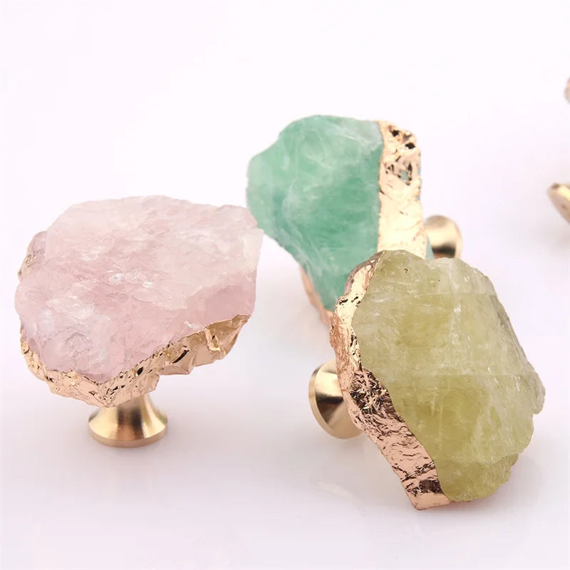 Natural Crystal Furniture Handle Single Hole Drawer Knob Green Pink Brass Handles For Kitchen Cabinet Door Cupboard Pulls Diy