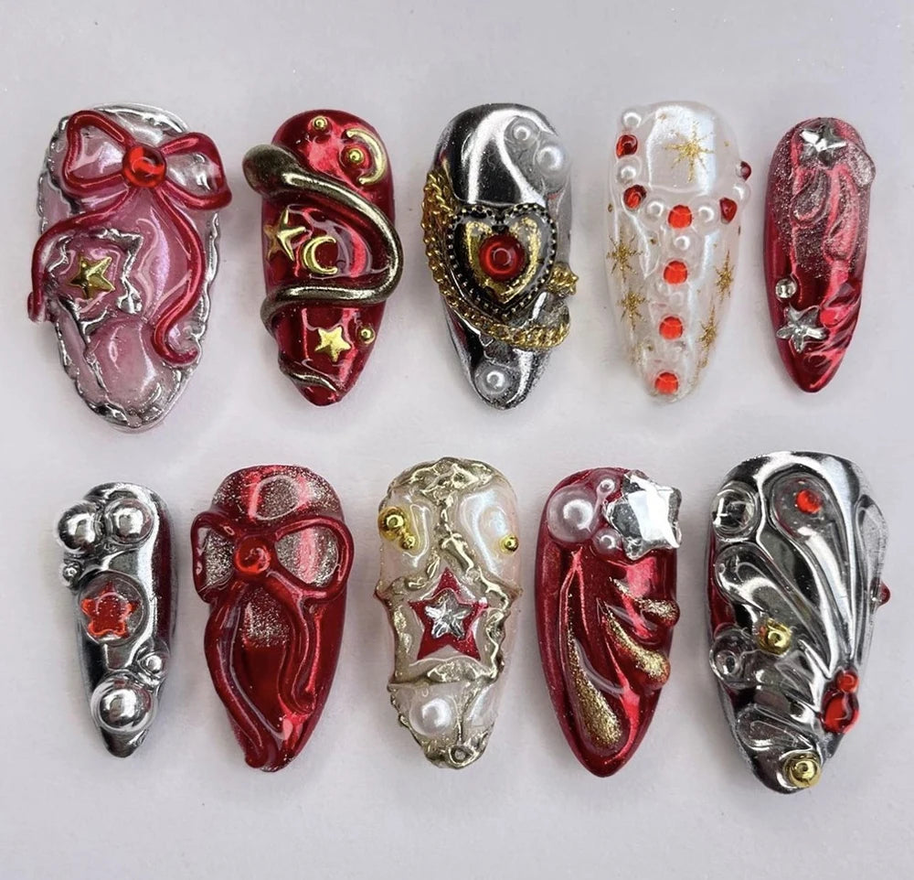 10Pcs 3D Flower Bow Gel Acrylic Nails Almond
