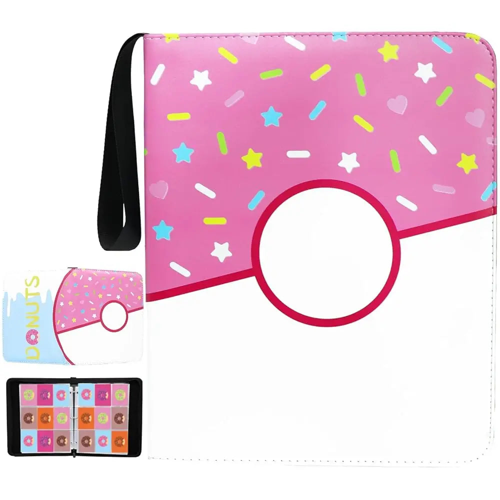 Donut 4 Pocket Card Binder Cartoon TCG Zipper Album Book Multi-Pocket Expandable Photo Collection File for Pokemon Card ID Badge