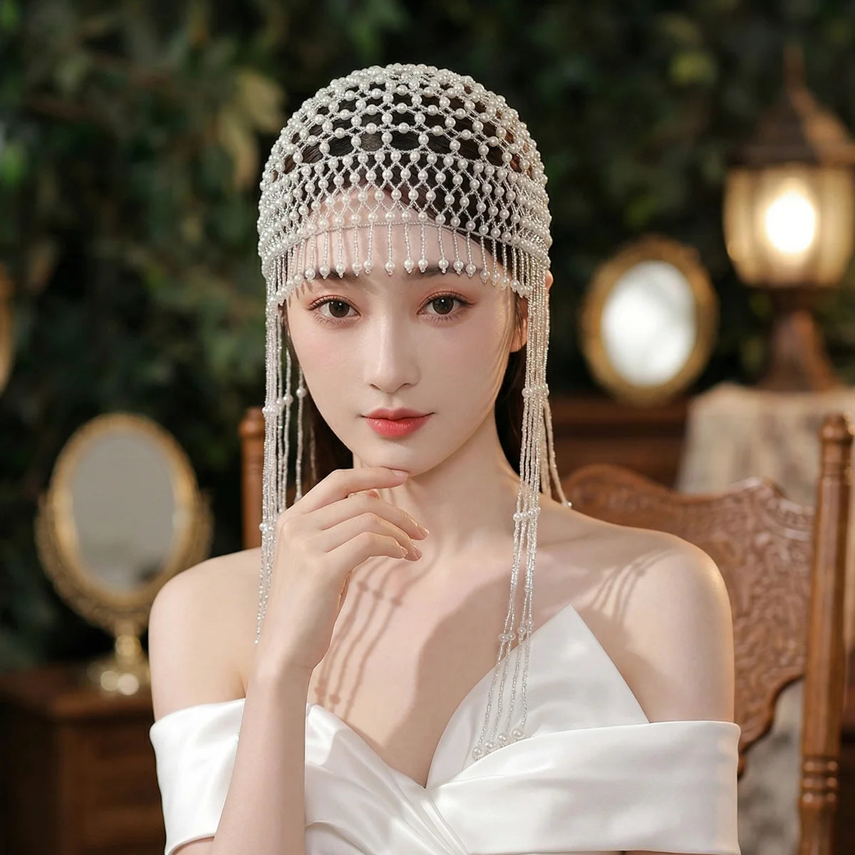 Luxury Pearls Beaded Headwrap for Women Full Tassel Headpiece 1920s Gatsby Flapper Cap Bridal Headband Wedding Hair Accessories