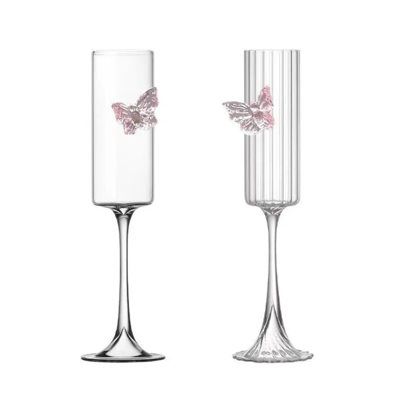 Pink Butterfly Champagne Flute High Borosilicate Glass Wine Goblet, Cute Cocktail Cup Wedding Party Home Table Decor, Ideal Gift