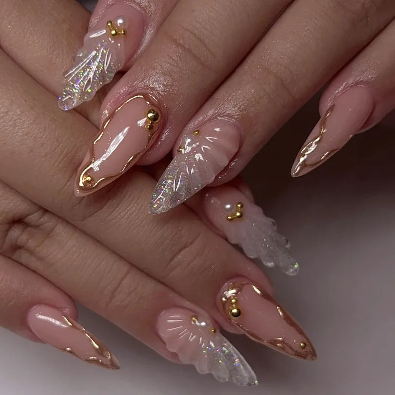24pcs Long Ballerina Seashell Pearl Acrylic Nails