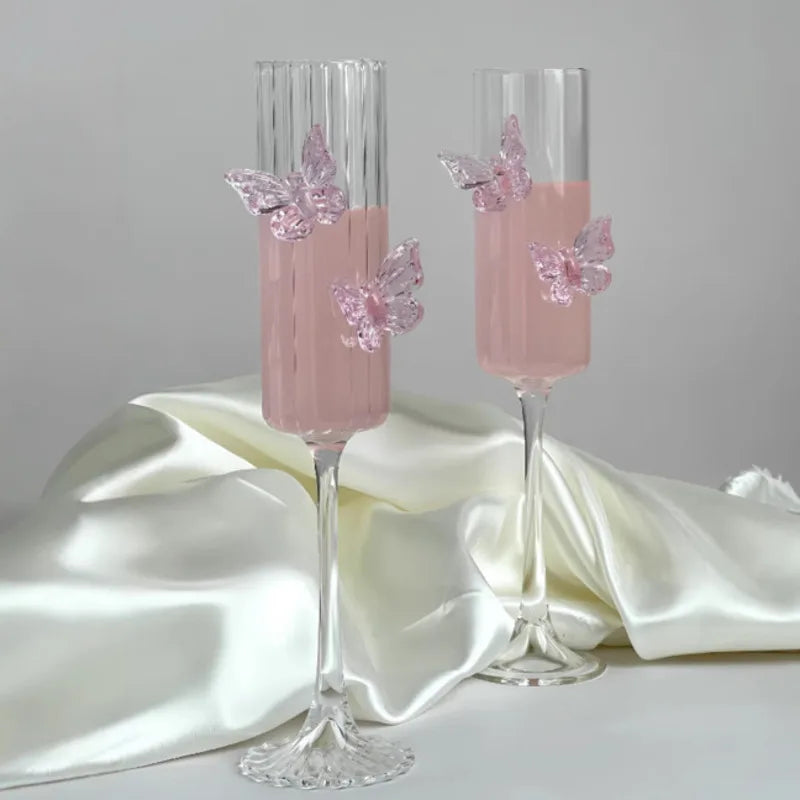 Pink Butterfly Champagne Flute High Borosilicate Glass Wine Goblet, Cute Cocktail Cup Wedding Party Home Table Decor, Ideal Gift