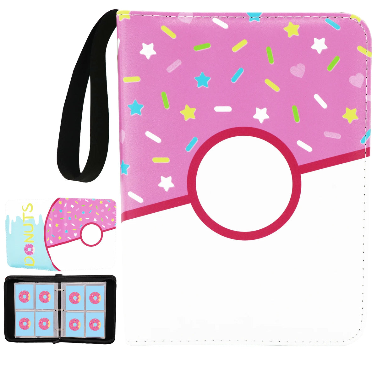 Donut 4 Pocket Card Binder Cartoon TCG Zipper Album Book Multi-Pocket Expandable Photo Collection File for Pokemon Card ID Badge