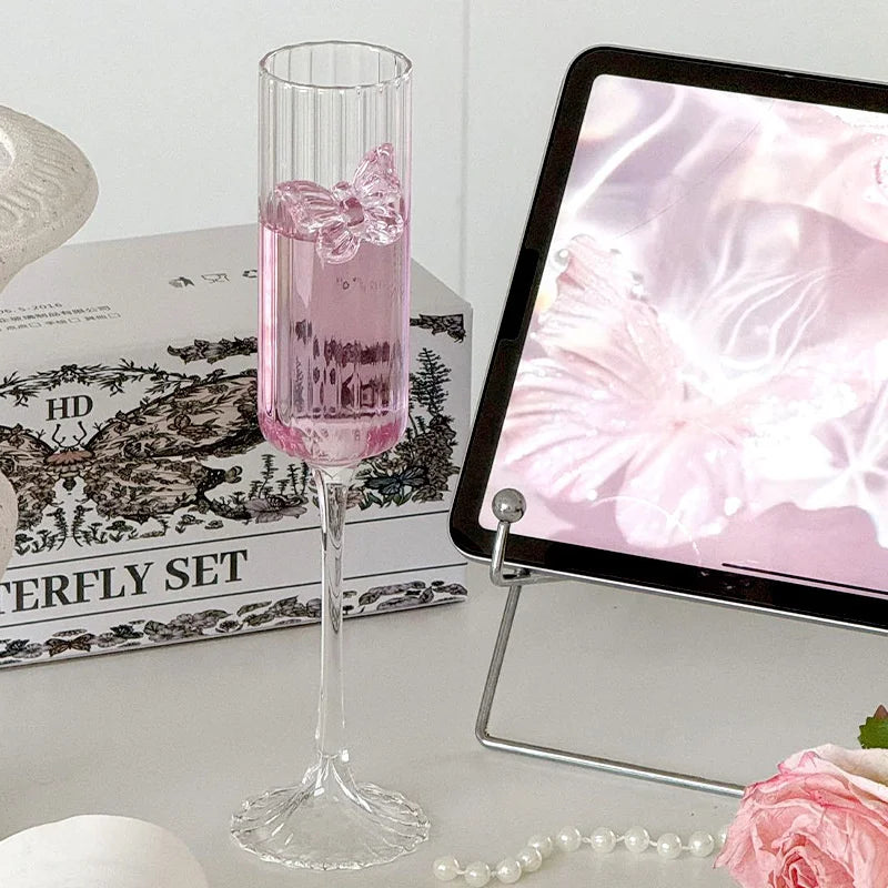Pink Butterfly Champagne Flute High Borosilicate Glass Wine Goblet, Cute Cocktail Cup Wedding Party Home Table Decor, Ideal Gift