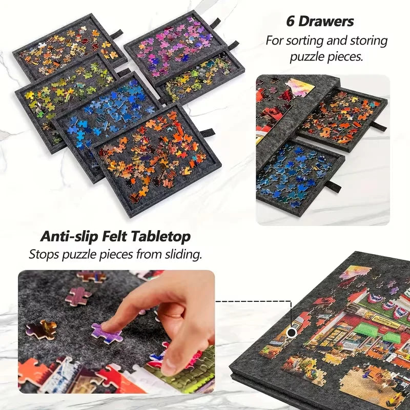 6-Drawer 1500pcs Jigsaw Puzzle Table, Felt Board with 6pcs Drawers, Tilting 2-in-1 Stand & Cover, Lightweight Portable for Gift
