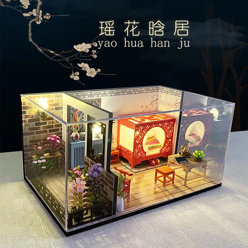 DIY Dollhouse Miniature Chinese Ancient Kitchen Kit Vintage Wooden Assembly Model with LED Lights Pretend Play Educational Toy