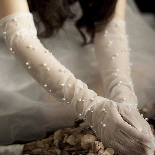 55CM Sexy Lace Thin Hollow Transparent Long Pearl Decoration Gloves Soft Breathable Solid Net Yarn Women Man Stage Performance