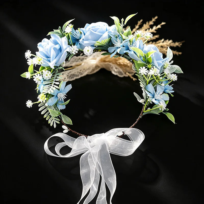 Haze Blue Flower Hair Hoop with Long Tulle Ribbon for Outdoor Wedding Engagement Women Girls Headwear